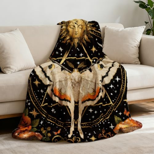 GLOBLELAND Flanell Wurfdecke, Mystische Astrologie, Schwarz, 150x130 cm, Weich und Leicht, für Erwachsene, 59x51 Zoll, Mond und Sterne, Motten und Blumen Muster