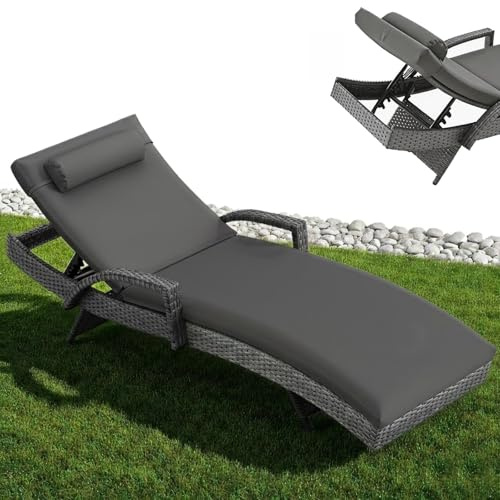 UDPATIO Polyrattan Sonnenliege, 5-Fach Verstellbarer Rückenlehne Gartenliege, Wetterfest Rattanliege mit Polsterauflage & Kopfkissen für Garten, Balkon und Terrasse - Grau-meliert & Grau Bezüge