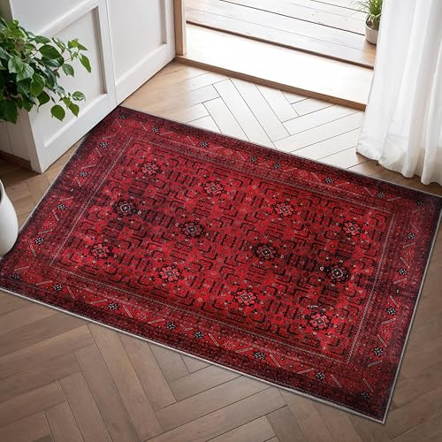 RUG WEAVERS Teppiche für Wohnzimmer, waschbar, rutschfest, aus Baumwolle, Vintage-Teppich für Wohnzimmer, Schlafzimmer, Küche, kinder- und haustierfreundlich, 60 x 90 cm, Rot