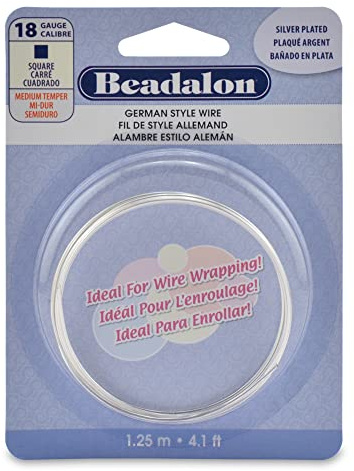 Beadalon German Style Wrapping Wire, Square, Silver Plated, 18 Gauge, 1.25 m / 4.1 ft