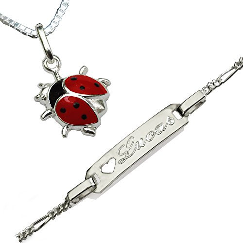 Taufset: Anhänger Marienkäfer mit stabiler Venezianer-Kette+ Babyarmband + kostenloser- Gravur 13-15cm: Figaro-Glieder-Gravurplatte mit ausgeschnittenem Herz. Beides Sterling Silber 925 gestempelt