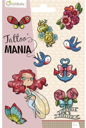 MY MANDARINE CC002O - Packung Kindertattoos / temporäre Tatoos für Kinder, Tattoo´Mania, 1 Bögen 10,5x16 cm mit 9 Tatoos, ab 5 Jahren, Feen, 1 Pack