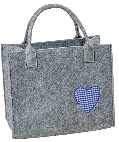 LaFiore24 Hochwertige Filztasche Handtasche Tragetasche Shopper Festival Dirndl Herz-Stickerei (hellgrau-blau)