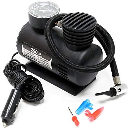 WilTec Mini compresseur à air comprimé 12 V – 165 x 90 x 140 mm – 17 Bars (250 PSI) – Pompe pneumatique avec raccord Allume-Cigare, câble, Tuyau, adaptateurs