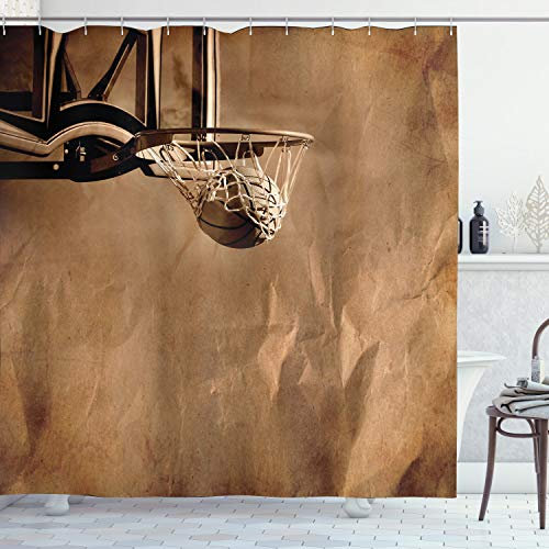 ABAKUHAUS Basketball Duschvorhang, Ball in der Nettowertung, Stoffliches Gewebe Badezimmerdekorationsset mit Haken, 175 x 180 cm, Sepia
