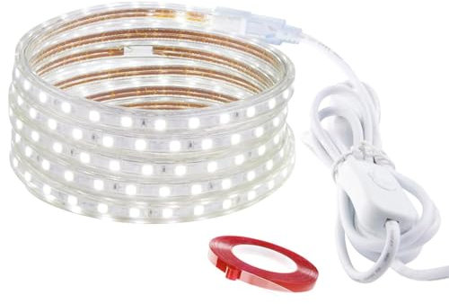 LONCWO LED Streifen 6m, IP65 Wasserdicht LED Strip LED Lichtband mit Schalter und Stecker 220V 230V LED Band, Weiß, 6M