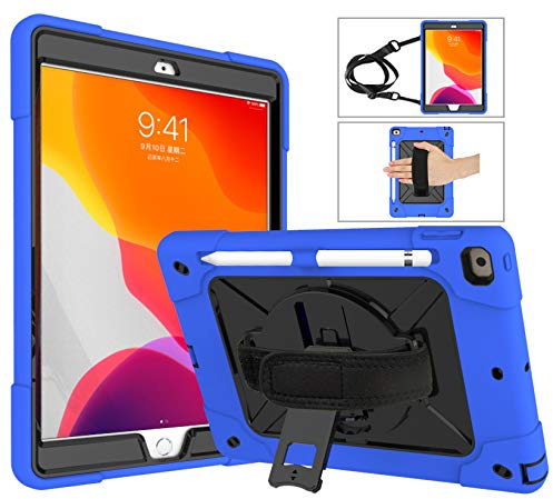 Étui de Protection 3 en 1 résistant aux Chocs pour iPad Pro 10.2 Rotation à 360 degrés avec béquille et bandoulière iPad Pro 10.2-iPad 7th Generation 2019-DARK Blue/Black