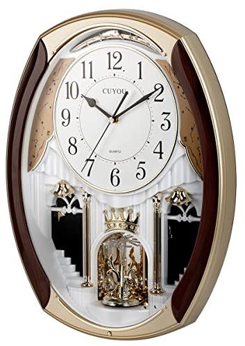 CUYOU Musikalische Wanduhr mit drehbarem Pendel, dekorative Wanduhr, 18 Melodien, für Zuhause, Hotel, Bibliothek oder Kirche Dekor