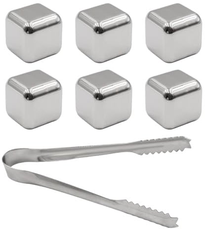 Intirilife set di pietre per whisky ARGENTO con pinze in acciaio inox -2,5 x 2,5cm- 6 pezzi di cubetti di ghiaccio riutilizzabili in acciaio inox con scatola di conservazione- Pietre di raffreddamento