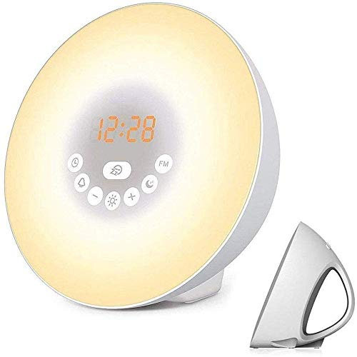 Reloj despertador de amanecer, reloj digital, luz de despertador, 7 colores, control táctil de radio FM, luz LED colorida de ambiente, altavoz Bluetooth