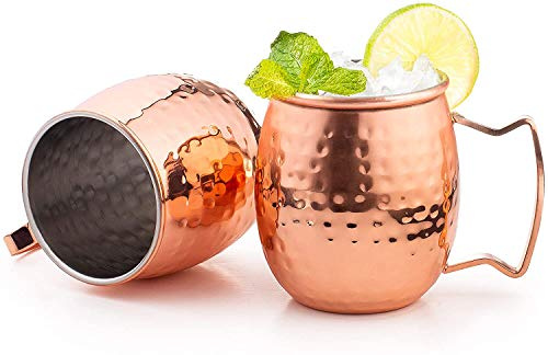 Juego de 6 tazas de acero revestidas en cobre con mango de latón, juego de tazas clásicas para beber para el hogar, cocina, barra y utensilios para beber, que ayudan a mantener las bebidas frías (6)