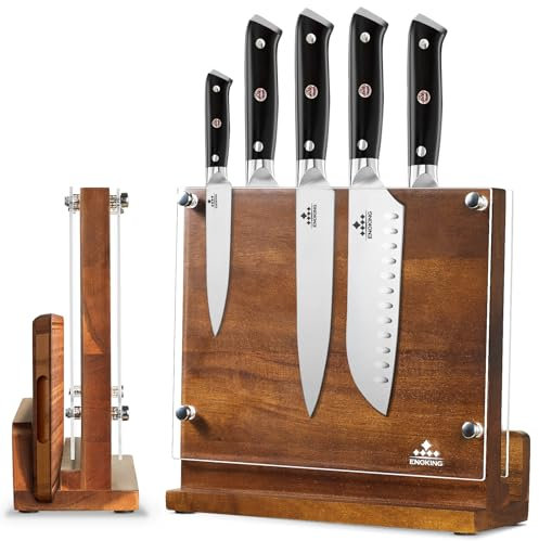 ENOKING Messerblock Magnetisch ohne Messer mit transparentem Acrylschilde, hochwertiges Magnet Messerhalter, Natürlicher Akazienholz-Messerbrett mit Doppelseitiger Starken Magnet für bis zu 12 Messer