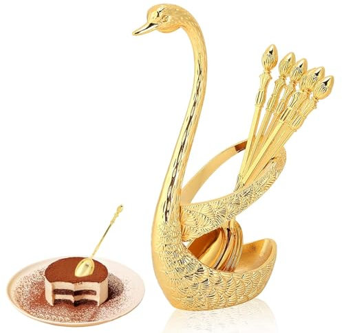 Gold Coffee Spoons Set with Holder, 6pcs Stainless Steel Dessert Spoon Teaspoons Decorative Swan Holder for Home Coffee Bar Party