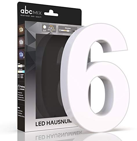 abcMIX LED Hausnummer, personalisierbare beleuchtete Hausnummer, Hausnummernleuchte mit LED - Hausnummer 6, Farbe WEIß