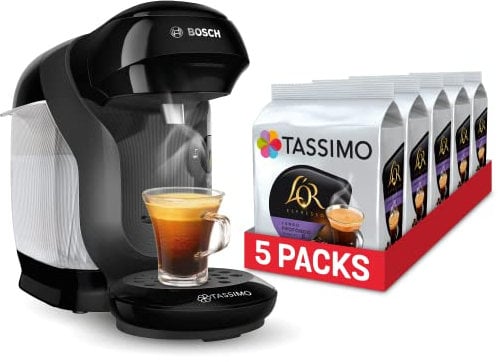 Bosch TASSIMO Style, Cafetera de Cápsulas, Compacta, Negro y TASSIMO L'Or Café Lungo Profondo - 5 paquetes de 16 cápsulas: Total 80 unidades