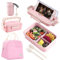 Haoh Lunch Box Kit, 1000 ML Ermetica Porta Pranzo e Tazza Termica e Borsa Termica Porta Pranzo, Bento Box con Posate e 3 Scomparti, Lunch Box Microonde per Adulti(Rosa)