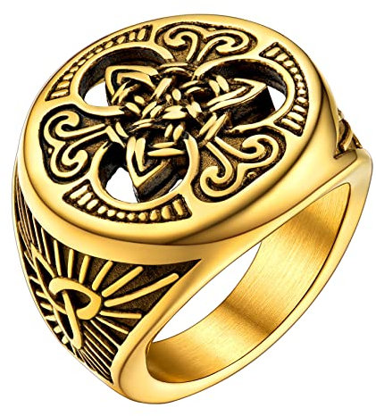 U7 Herren Triquetra Statement Ring 18k vergoldet Siegelring mit Dreiheitsknoten Vintage Nordischer Modeschmuck Accessoire für Geburtstag Vatertag(Ring Größe 57)