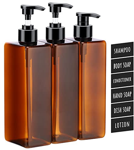 Segbeauty Shampoo Flaschen, 3 Stück 500 ml Leere Pumpflasche, Nachfüllbare Seifenspender Plastik, Shampoo Spülung Duschgel Spender mit Selbstklebend Wasserdichten Etiketten für Küche Bad Bernstein