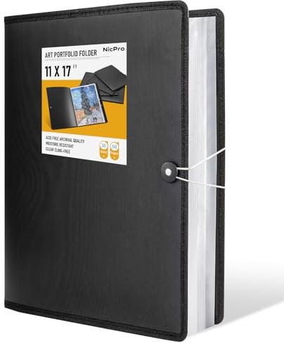 Nicpro Art Portfolio 11x17, Upgraded Large Portfolio Folder for Artwork with 30 Pockets Display 60 Pages, Presentation Book Binder with Protector Sleeves for Kids & Artists Drawing