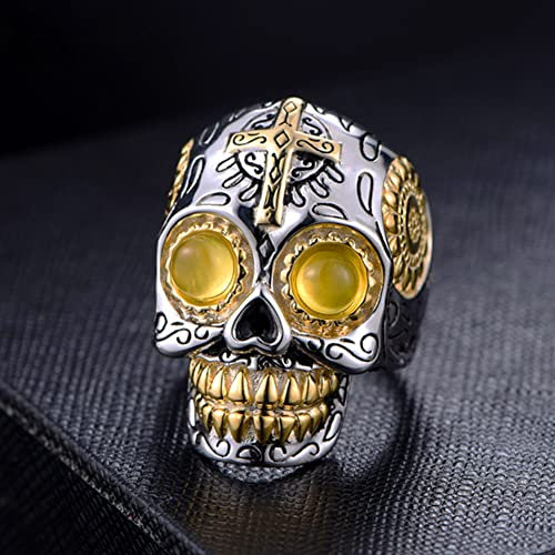 PBTMCD S925 Sterling Silber Charm Vintage Ring Für Männer, Nordische Punk-Biker-Bänder Gothic Einstellbare Eröffnungsringe, Original Antique Ringe Ethnizität Schmuck,Gem Skull