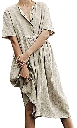 Damen Leinen Kleid Kurzarm Knopfleiste Sommerkleid Leinenkleider Baumwolle Blusenkleid V-Ausschnitt Freizeitkleid Strandkleider Boho A-Linie Hemdblusenkleid, Khaki, M