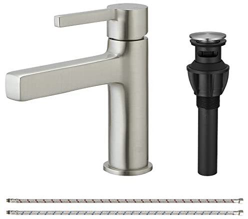 BWE Gebürsteter Nickel Badezimmer Wasserhahn Einloch Kommerzielle Moderne WC-Waschtischarmatur für Badezimmer Waschbecken Mischbatterie mit Pop-Up-Ablauf und Wasserhahn Versorgungsleitungen