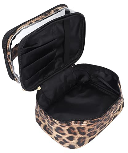Trousse de Maquillage, PVC Motif imprimé léopard Sacs à cosmétiques Trousse de Toilette Portable Double Couche avec Fermeture éclair pour Femmes Hommes Filles Enfants