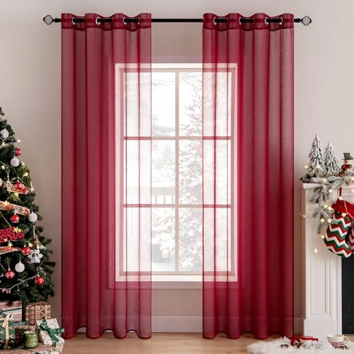 MIULEE Sheer Voile Vorhang Weihnachtsdeko mit Ösen Transparente Optik Gardine Ösenvorhang Ösenschal Transparent Durchsichtig für Schlafzimmer Wohnzimmer 140x300 cm (B x H) 2er Set Rot