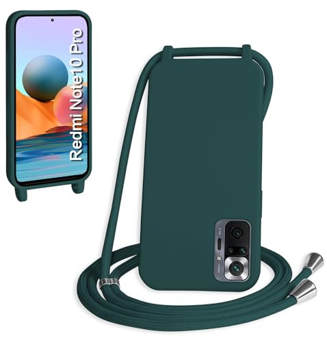 WenBaby Handykette für Xiaomi Redmi Note 10 Pro 4G Hülle mit Band,Handyhülle mit Schnur zum Umhängen Silikon Seil Necklace Schutzhülle mit Kordel Tasche Case TPU Bumper - Dunkelgrün