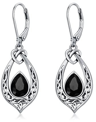 Keltischer Knoten Schwarzer Ohrringe 925 Sterling Silber Irischen Leverback Ohrhänger mit Kristall
