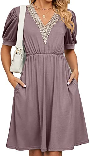 HANERDUN Kleider Damen Boho Kurzarm Sommerkleid Hohe Taille Freizeitkleid mit V-Ausschnitt