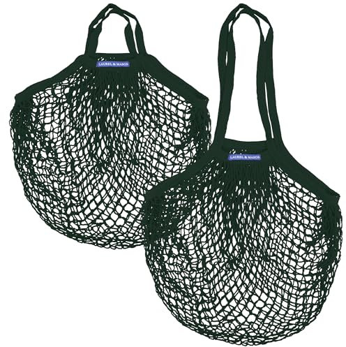 Laurel & Mason Wiederverwendbare Einkaufstaschen aus Baumwollschnur, 1 x lange und 1 x kurze Henkeltasche für Strand und Reisen, 2 Stück, dunkelgrün, 38cm x 36cm