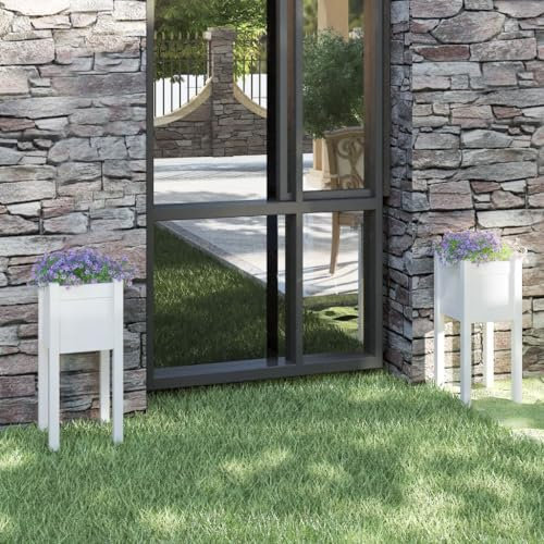 puraday Lits Surélevés Extérieurs 2 Pcs Blanc 31x31x70 cm Bois de Pin Massif Jardinières Balcon sur Pieds Boîtes à Fleurs Résistante aux Intempéries Pots de Jardin Suffisamment Profonde Large