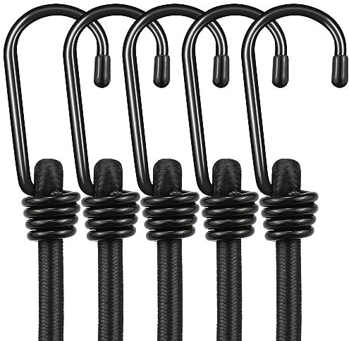 5PCS Bungee Cords with Hooks, Heavy Duty Outdoor Elastic Bungee Straps, Odorless Industrial Grade bungee rope Ideal for Securing Tarps, Luggage, Tents, Bikes & Garden Tidying 24 inch (Black)