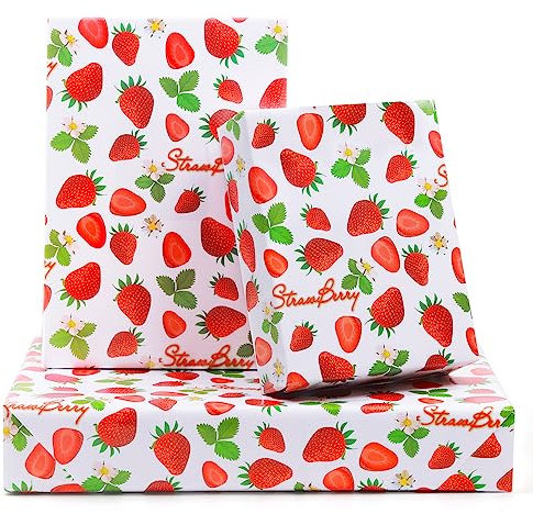 NEPOG Erdbeer-Geschenkpapier für Mädchen, Kinder, Jungen, süße Blumen, süße Erdbeeren, fruchtiges Design, 6 Blatt, flach gefaltet, 50,8 x 71,1 cm pro Blatt, Geschenkpapier für Geburtstag, Hochzeit,