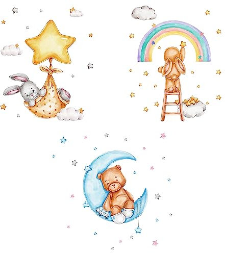 HIMKI 3 Stück Wandsticker Kinderzimmer Wandtattoo für Babyzimmer Kinderzimmer Süße Tiere Wandaufkleber Kindergarten Spielzimmer Schlafzimmer Flur Wanddeko (Häschen,Teddybär,Sternen-Hase)