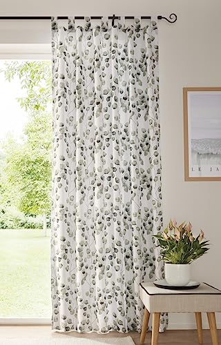 Dekoleidenschaft Vorhang Blätterschmuck in weiß mit Blätter-Motiv in grau, transparenter Schlaufenschal für Wohnzimmer & Schlafzimmer, Gardine lichtdurchlässig, Vorhangschal