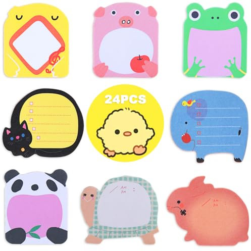 Bunt Cartoon Tiere Haftnotizen, 24 Paket Süße Sticky Notes, Selbstklebende Haftnotizzettel, Klein Büronotizen für Party Taschen Füller Kinder Geschenke, Büro Schule Haus Kühlschrank