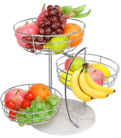 Livabber Fruit Basket Bowl with Banana Hanger, Metal Fruit Vegetable Storage Basket with Banana Holder for Kitchen Counter, Detachable Organizer for Bread Snack Produce (Chrome, 3-Tier Marble Base)