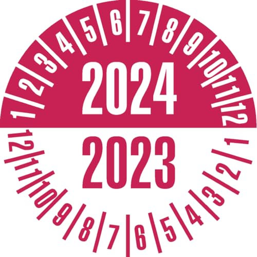 Dreifke® Aufkleber I Prüfplakette 2024/2023, rot/weiß, Dokumentenfolie, selbstklebend, Ø35mm, 10 Stück