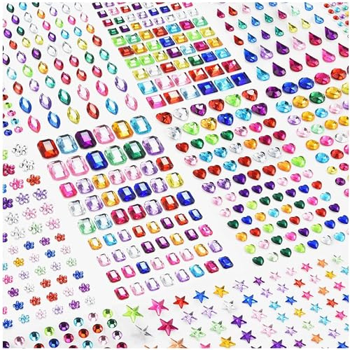 GWAWG Selbstklebende Strass-Aufkleber für Nägel, Bastelarbeiten, Festivals, Make-up, Gesichts-Make-up (Herz + Achteck, Quadrat + Pflaume + Tropfen + Oval + Fünfsterne + Kreis) 8 Bögen