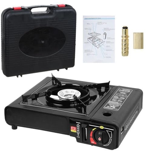 Portable Gas Stove Single Burner Camping BBQ Stove Cooker with Carry Case, Outdoor Grill Plate, Enamel Pan Support, Butane Can or LPG Gas Source – Black Stove