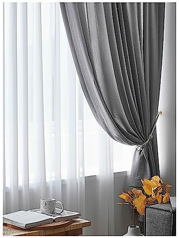 AMDXD Grau Transparente Fenster Vorhang mit Kräuselband, Einfarbig Voile Vorhang Voile Polyester, 132x244CM(BxH)