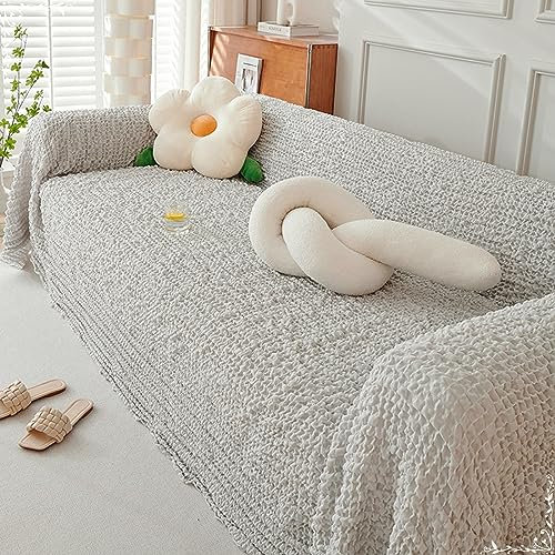 KnSam Home Sofabezug, Einfarbig Sofaüberwurf Decke 2 Sitzer, Anti-Rutsch Waschbar Sofa Protection Cover Sofaschoner Seersucker für Wohnzimmer (180x200CM, Grau)
