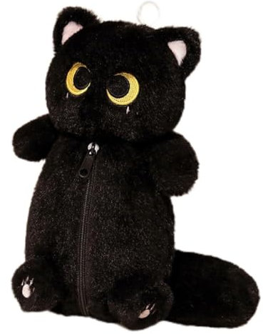Trousse à crayons en forme de chat mignon dessin animé animal chat étui 3D peluche animal trousse de papeterie organisateur fournitures scolaires, Noir , Moderne