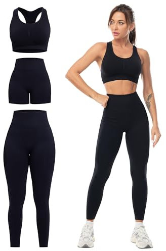 SALSPOR 3-teiliges Workout-Set für Damen, Po-Lifting-Leggings mit hoher Belastung, Sport-BH, Fitness-Shorts, Schwarz, Medium