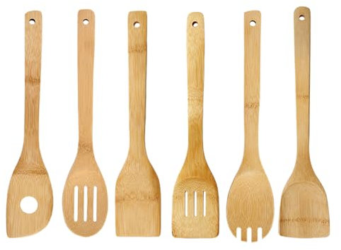 Biluer Wooden Spatula,6 PCS Cooking Spoon Kitchen Spoon Ilien Large Kitchen Aid Wooden Spatula Salad Servers