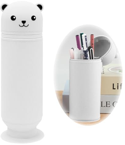 Jadin Federmäppchen, Niedliches Federmäppchen im Bären Stil, Großes Stand Up Federmäppchen, Becher Federmäppchen aus Weichem Silikon, Tier Federmäppchenhalter für Kinder, Studenten, Erwachsene (Weiß)