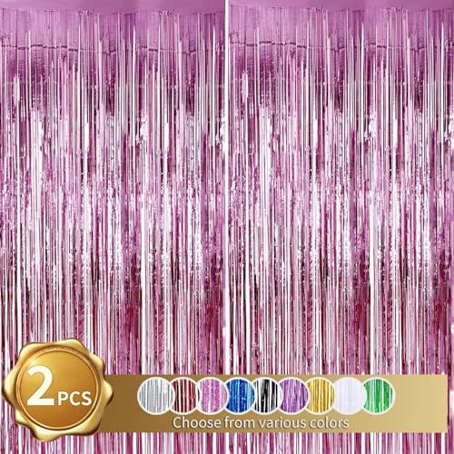 RIBBOOO 2-Pack Rosa Lametta Vorhang Glitter Metallic Tinsel Vorhang für Party,Abschlussfeier, Foto Hintergrund, Folie Streamer, Geburtstagsdeko，Dekoration für Disco, Weihnachtsfeier (1x2 Meter)