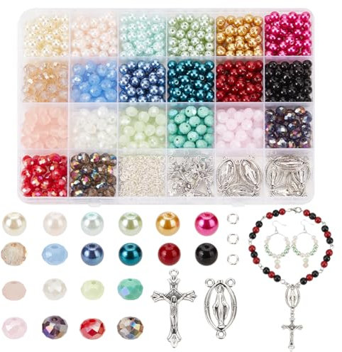 NBEADS Rosenkranz Kreuz Bausatz, 1120 Stück Bausatz Rosenkranzkreuz Kreuz Perlen Kit Glasperlen Schmuck Bastelset für Rosenkranz Ostern Armband Halskette Machen
